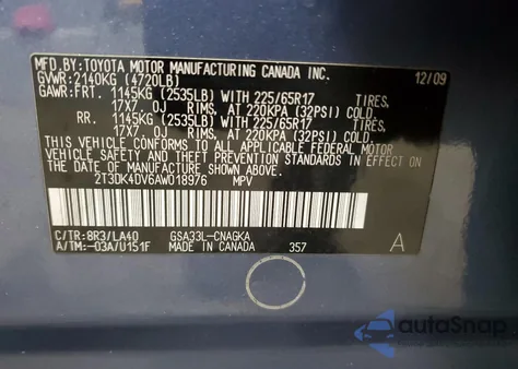 2010 Toyota Rav4 Limited z USA, uszkodzony, nr VIN 2T3DK4DV6AW018976